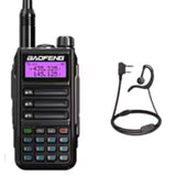 UV-16 Pro Black walkie-talkie with digital display and earpiece on a white background