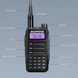 BAOFENG UV-16 Pro walkie talkie with features like antenna, LCD display, and LED indicator for clear communication