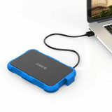 ORICO waterproof hard drive enclosure in blue connected to a laptop for secure data storage