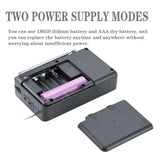 T-6621 digital radio receiver showing open battery compartment with 18650 lithium battery and AAA dry battery options
