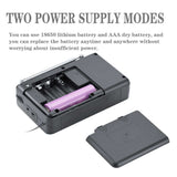 T-6621 digital radio receiver showing open battery compartment with 18650 lithium battery and AAA dry battery options