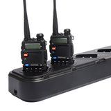 Zastone 6 way UV-5R rapid charger with two black radios placed on charging slots