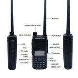 Baofeng BF-H6 VHF UHF radio with dual antennas, LCD display, and adjustable power settings