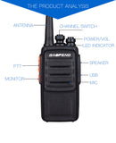 Baofeng PMR 446 two way radios UK featuring antenna, channel switch, and USB port