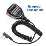 BaoFeng rainproof speaker mic with coiled cable designed for durability in wet conditions.