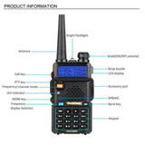 Baofeng UV-5R dual band radio featuring clear LCD display, keypad, and bright flashlight