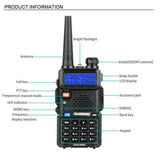 Baofeng UV-5R dual band radio with LCD display, keypad, and bright flashlight features