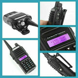 Baofeng UV-82 dual band two-way radio showing display, keypad, side buttons, flashlight, and belt clip
