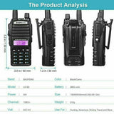 Baofeng UV-82 dual band two-way radio showing front, side, and back views with dimensions and technical specifications