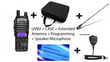 Baofeng UV-82 dual band two-way radio with carrying case, extended antenna, programming interface, and speaker microphone
