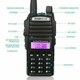 Baofeng UV-82 dual band two-way radio with labeled buttons and features for amateur ham radio communication