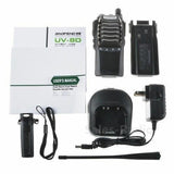 Baofeng UV-8D walkie talkie set including charger, battery, and user manual for reliable communication