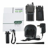 Baofeng UV-8D walkie talkie set including charger, battery, and user manual for reliable communication