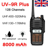 Baofeng UV-9R Plus waterproof radio with 128 channels, IP67 waterproof rating, LED lighting, and 8000 mAh battery