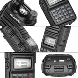 Close-up views of the Baofeng UV15R handheld radio showcasing buttons and screen features