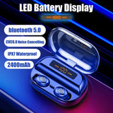 Bluetooth 5.0 wireless headphones with LED battery display and IPX7 waterproof design