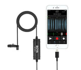 BOYA BY-DM1 Lightning mic connected to a smartphone showing audio recording app interface