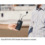 Hand holding BOYA BY-UM2 mini microphone with flexible design for clear audio capture