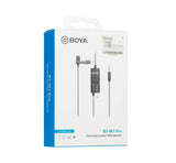 BOYA BY-M1 Pro lavalier microphone in packaging showing microphone, control module, and 3.5mm audio jack