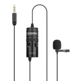 BOYA BY-M1 Pro lavalier microphone with clip, foam windscreen, and 3.5mm audio jack cable