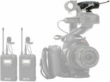 BOYA RX8 Pro dual channel receiver wireless microphone transmitters next to Canon EOS camera