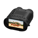 Unbranded digital night vision monocular with display showing deer in a field for wildlife observation
