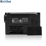 Kchibo D6110 airband digital receiver showing back panel with battery compartment and frequency details