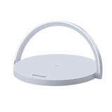 Minimalistic LED desk lamp with wireless charger featuring a sleek design and soft illumination