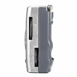 Side view of an Indin portable AM FM pocket radio with tuning and volume controls