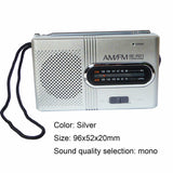 Silver Indin portable AM FM pocket radio with a compact design and clear sound quality