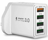 White 4 port USB wall charger UK with quick charge 3.0 and multiple 3.1A output ports