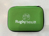 Green hard drive pouch featuring Rugby Radios UK logo for 2.5 inch external hard drive case protection