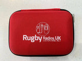 Red hard drive pouch for 2.5 inch external hard drive case with zip closure and Rugby Radios UK branding