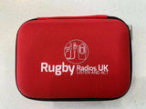 Red hard drive pouch for 2.5 inch external hard drive case with zip closure and Rugby Radios UK branding