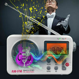 Compact AM FM alarm clock radio with digital display and multiple control buttons in white