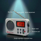 Compact AM FM alarm clock radio with large screen, big horn speaker, sound adjustment knob, and physical keys