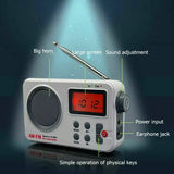 Compact AM FM alarm clock radio with large screen, big horn speaker, sound adjustment knob, and physical keys