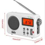 Compact AM FM alarm clock radio with digital display and speaker in white with antenna