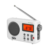 Compact AM FM alarm clock radio with digital display, speaker, and antenna in white casing