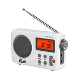 Compact AM FM alarm clock radio with digital display, speaker, and antenna in white casing
