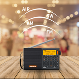 XHDATA D-808 digital radio with AM, FM, and SW frequency bands displayed in a retail setting