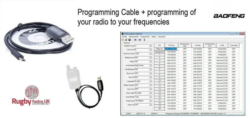 Radio programming cables with USB stick and software for programming frequencies on Baofeng radios