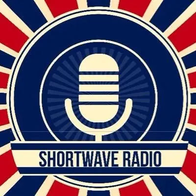 Vintage style logo with microphone symbol representing shortwave radios for sale collection