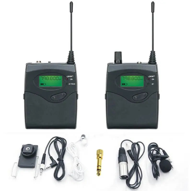Professional wireless microphone systems with transmitters, receivers, and various audio accessories for medium to long distance recording