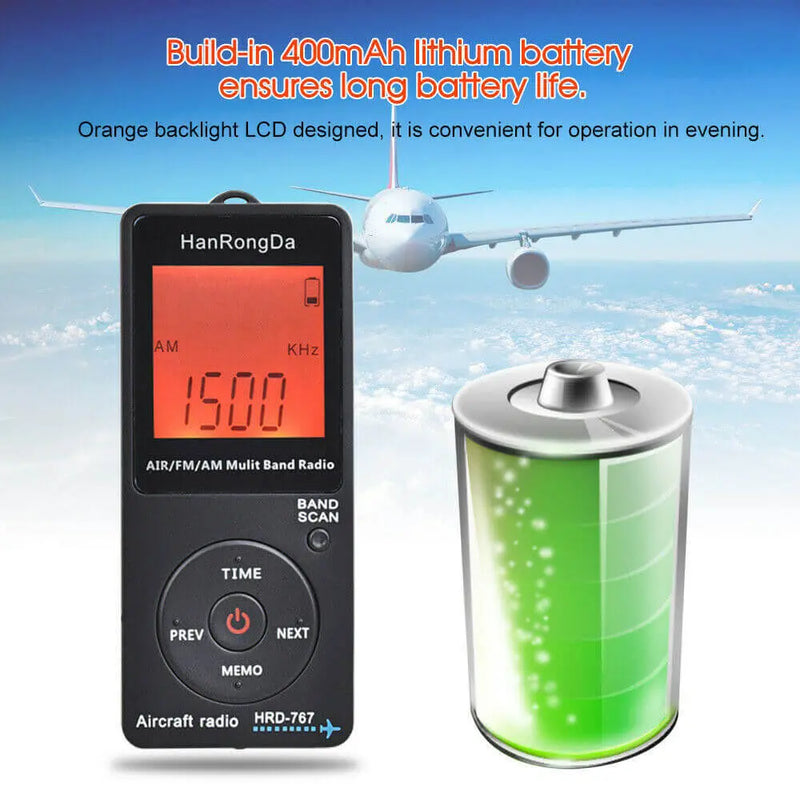 Airband receiver radios with orange backlight LCD tuned to AM frequency showing built-in lithium battery and airplane background
