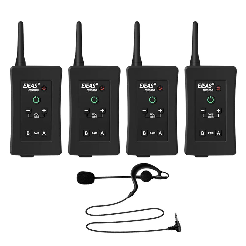 Referee communication systems featuring four black wireless units and a headset microphone for game officials
