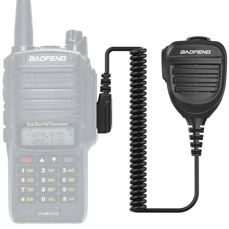 Baofeng radio paired with a waterproof walkie talkie microphone headset featuring coiled cord and push-to-talk button