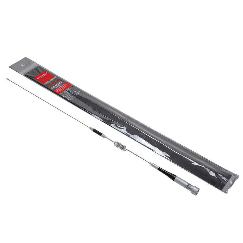 Antenna for two way radios with a long metal rod and coiled section in packaging for base stations and vehicles