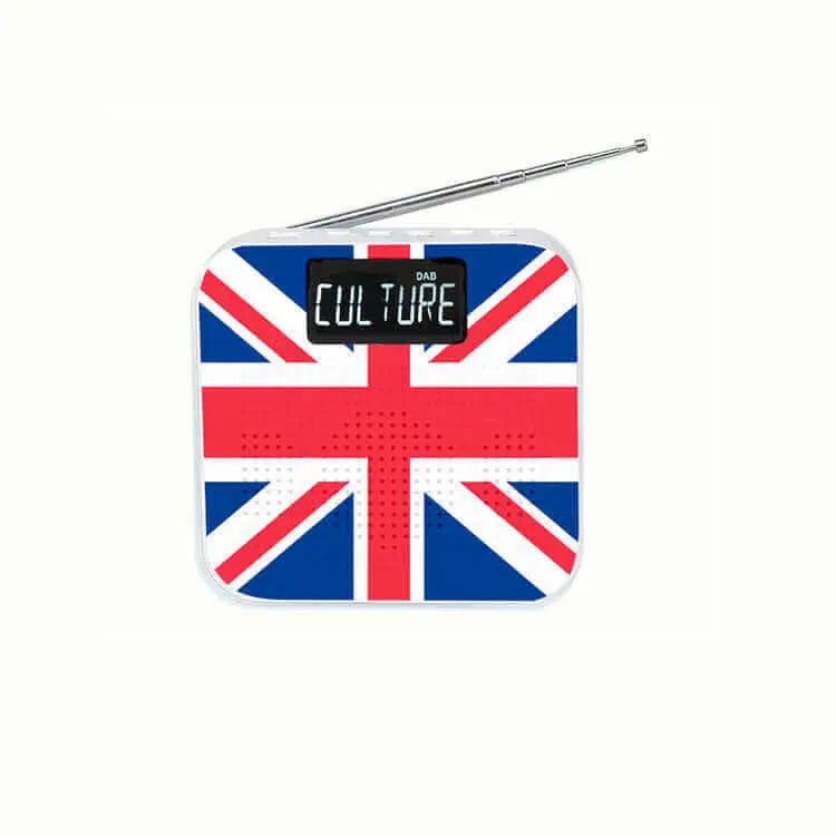 Compact DAB FM radios UK with Union Jack design and telescopic antenna for clear digital radio reception