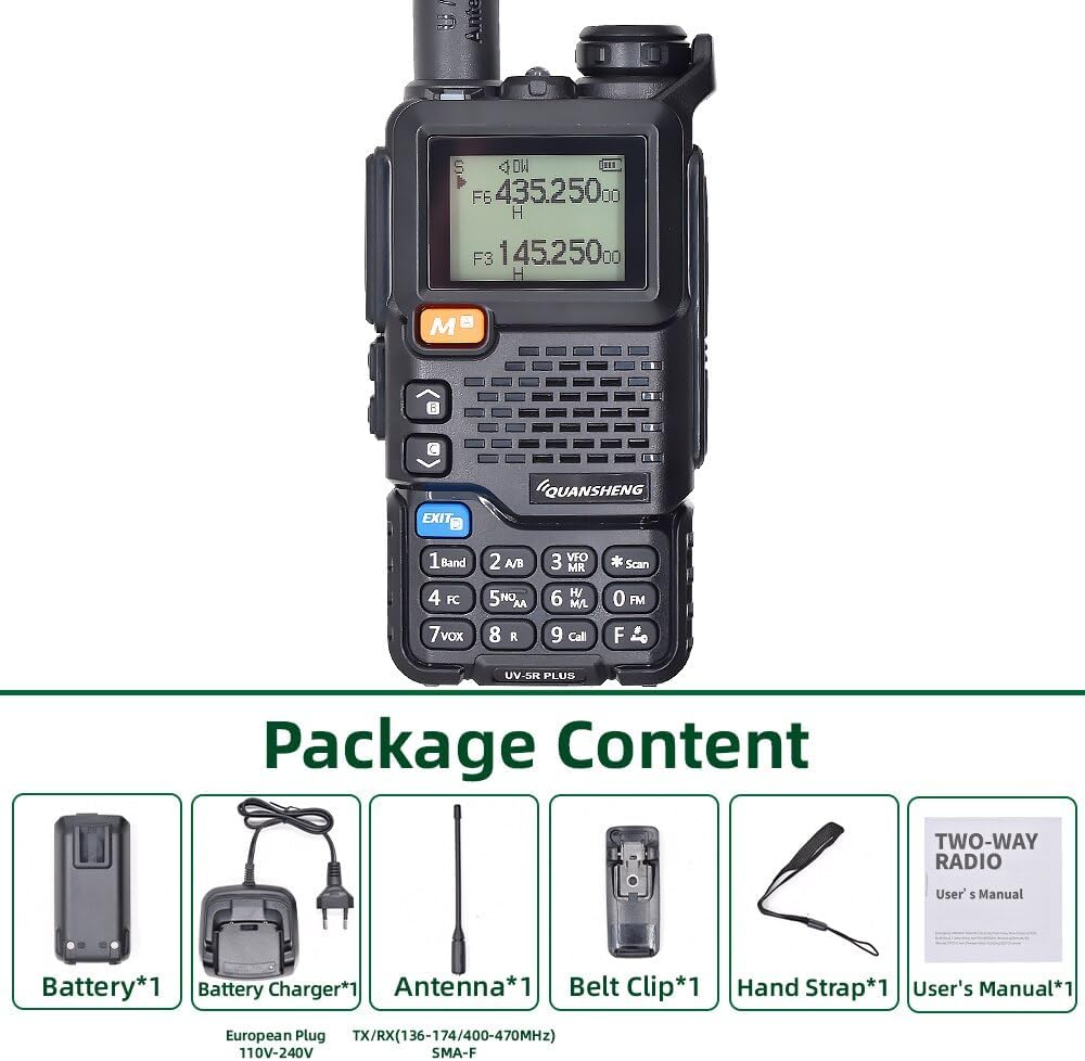 Quansheng UV-5R Plus radio UK featuring battery charger, antenna and user manual for reliable communication